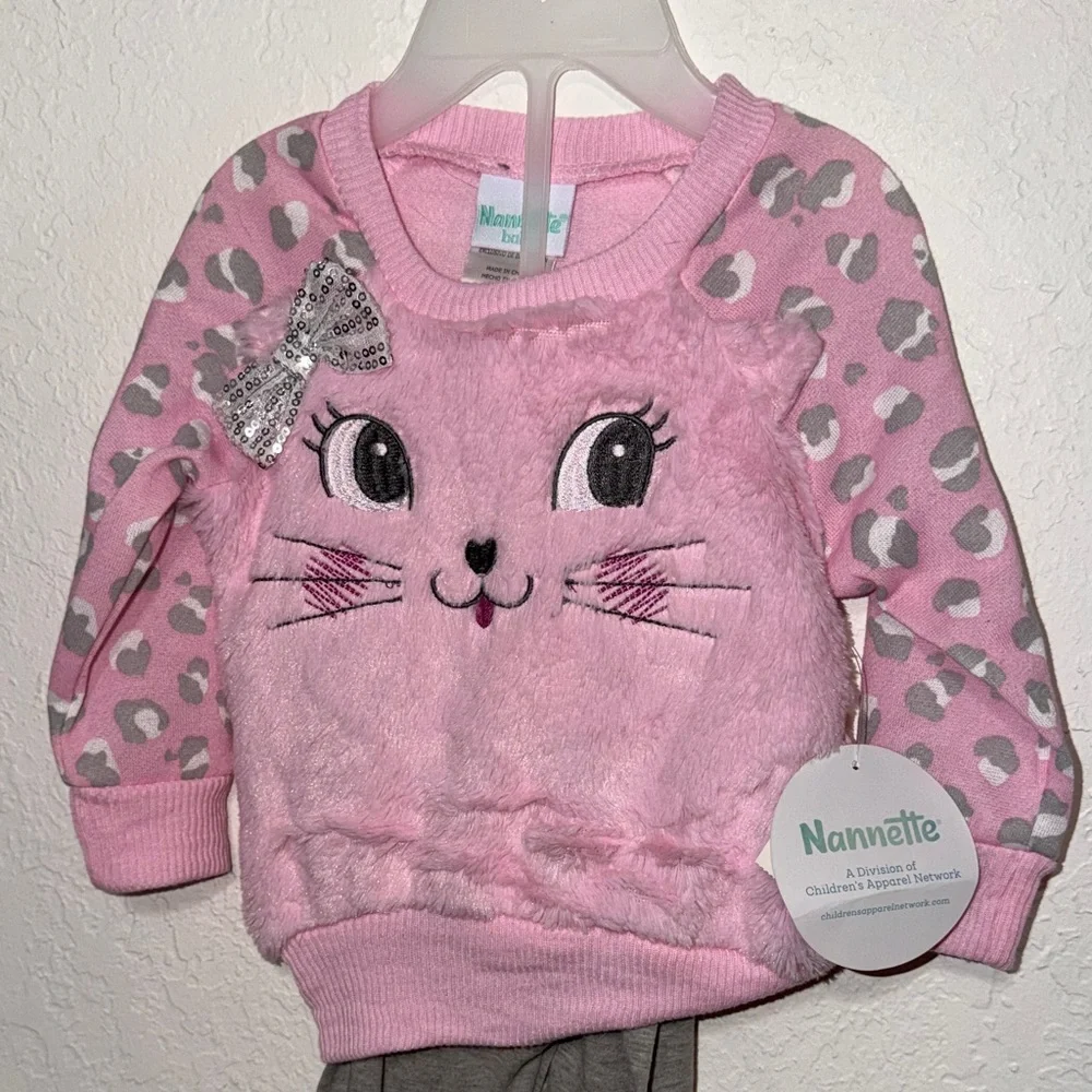 Nannette Pink Cat Face Sweater with Gray‎ Accents
